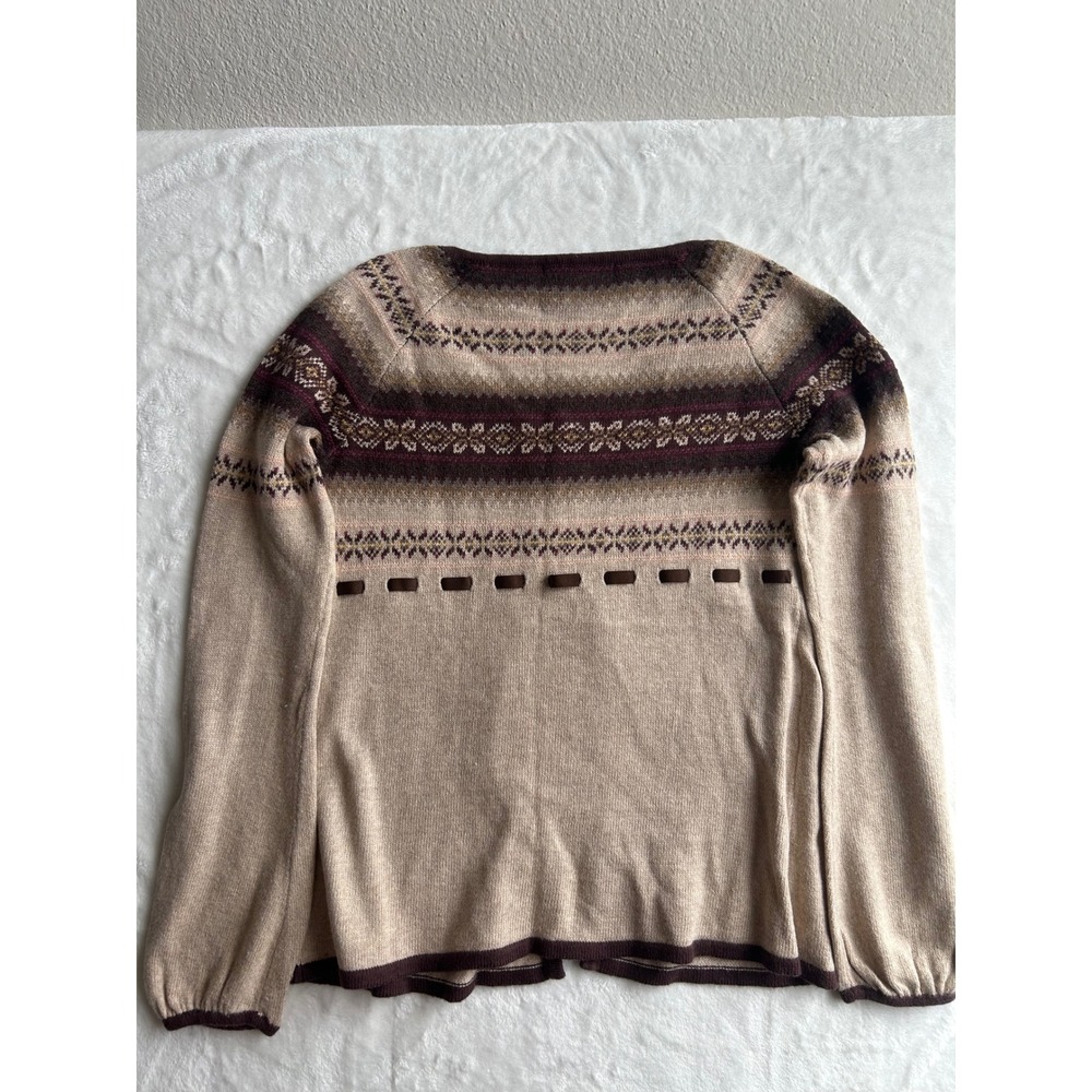 Eddie Bauer Womens Petite Small Fair Isle Cotton Merino Wool Cardigan Tan Brown - Picture 5 of 5